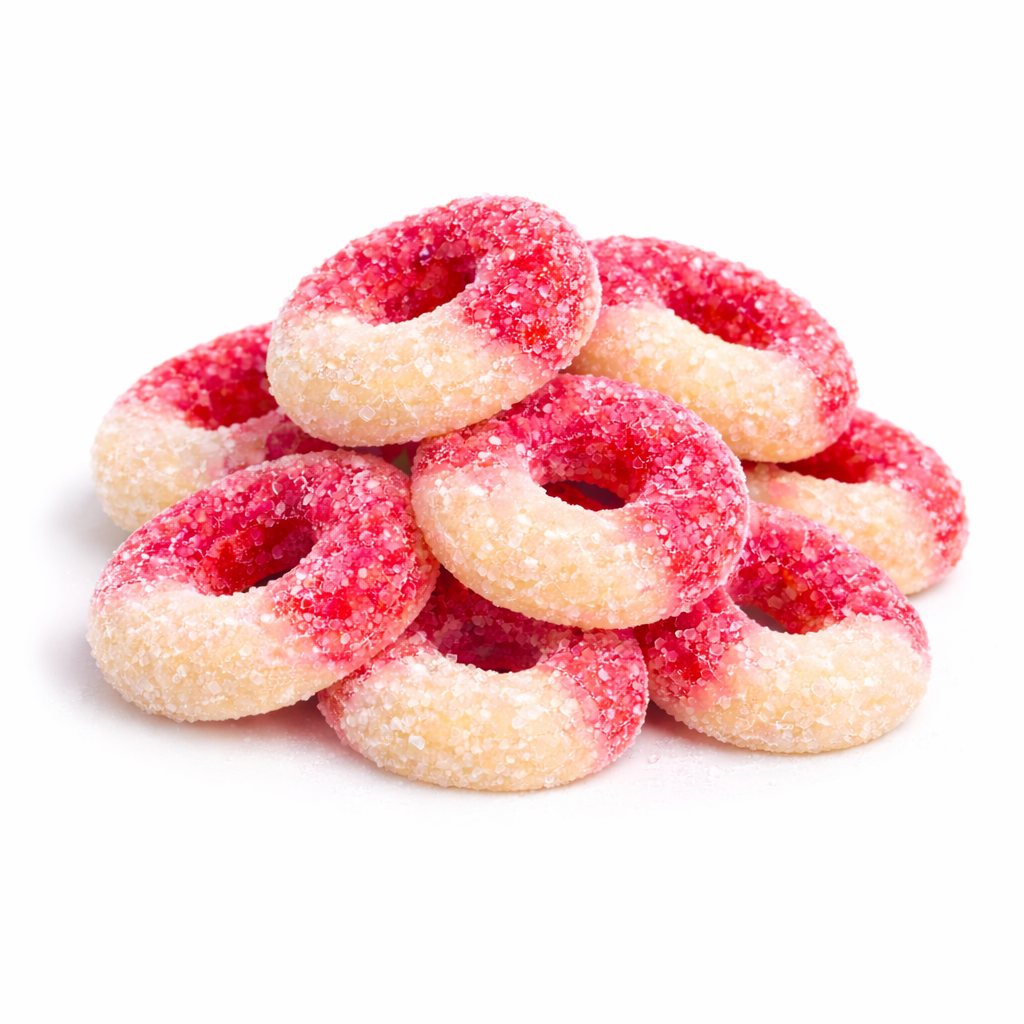 Assorted Albanese Gummi Watermelon Rings in a bulk value bag, colorful chewy watermelon-flavored gummy candies.