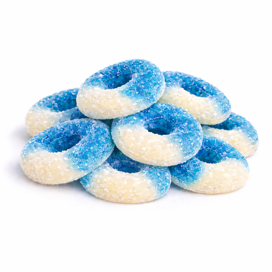 Blue raspberry gummy rings from Albanese in a bulk Candy In Bulk bag, showcasing vibrant blue and red gummy candy rings.