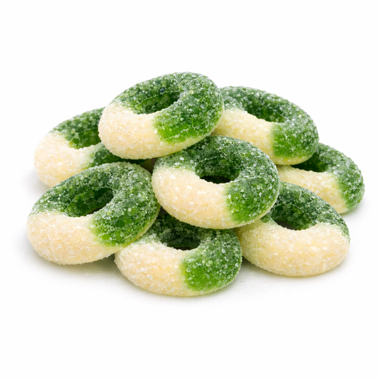 Colorful Albanese Gummi Apple Rings from Candy In Bulk in a large value bag, featuring bright green and red gummy fruit shapes.