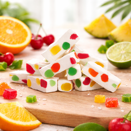 Golden Bonbon Fruity Jujube Nougat Candy from Candy In Bulk, individually wrapped in a bulk value bag, with colorful fruit flavors.