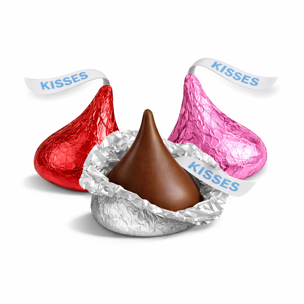 Hershey’s Kisses Milk Chocolate Valentine's Edition in a bulk Candy In Bulk bag, displaying shiny silver foil-wrapped chocolates.
