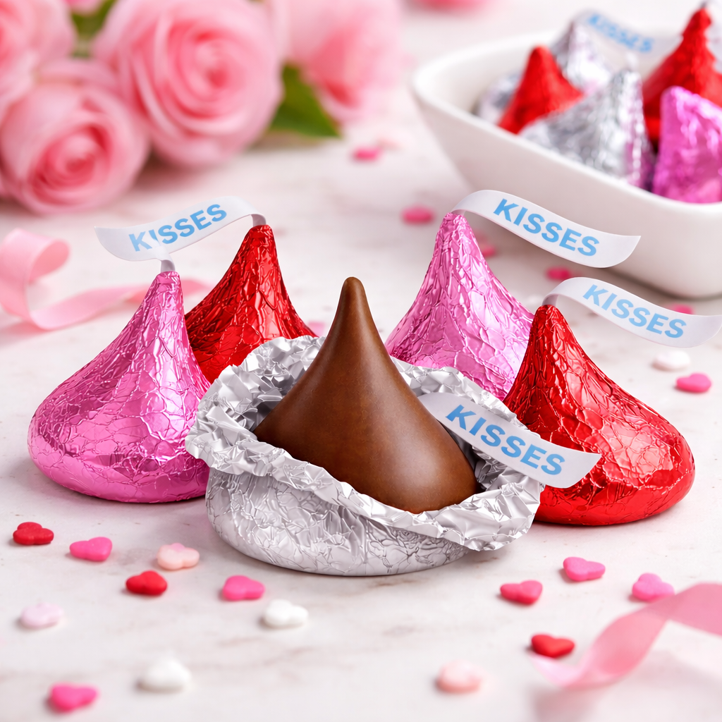 Hershey’s Kisses Milk Chocolate Valentine’s Edition candies in a bulk bag, featuring silver foil-wrapped chocolates from Candy In Bulk.