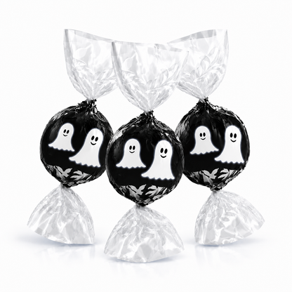 Lindt LINDOR Halloween Ghost milk and white chocolate truffles in a bulk Candy In Bulk package, featuring ghost-shaped wrappers.