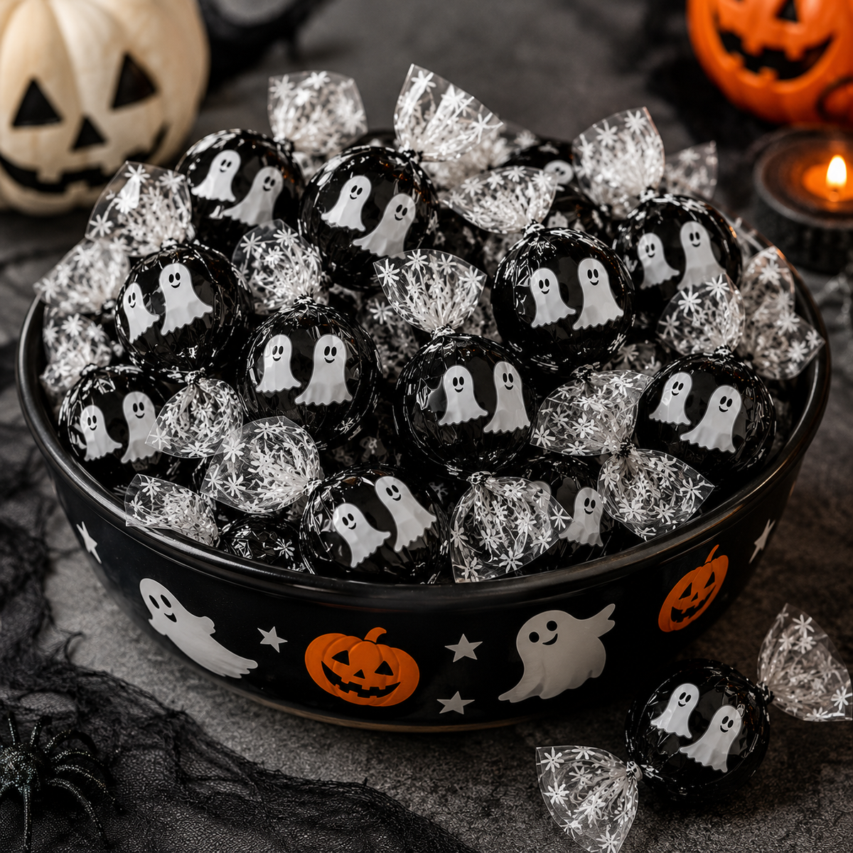 Lindt LINDOR Halloween Ghost chocolate truffles in milk and white chocolate wrappers, bulk value bag from Candy In Bulk.