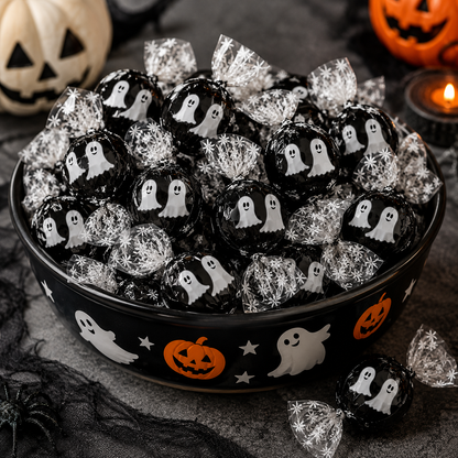 Lindt LINDOR Halloween Ghost chocolate truffles in milk and white chocolate wrappers, bulk value bag from Candy In Bulk.