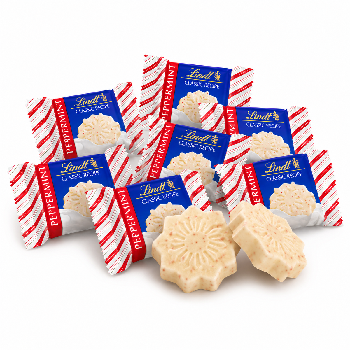 White chocolate peppermint snowflakes from Lindt Classic Recipe, bulk candy bag by Candy In Bulk, featuring festive holiday chocolate.