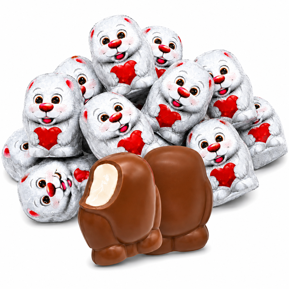 Kinder Mini Friends milk chocolate candies with milky filling, individually wrapped in a bulk Candy In Bulk package.