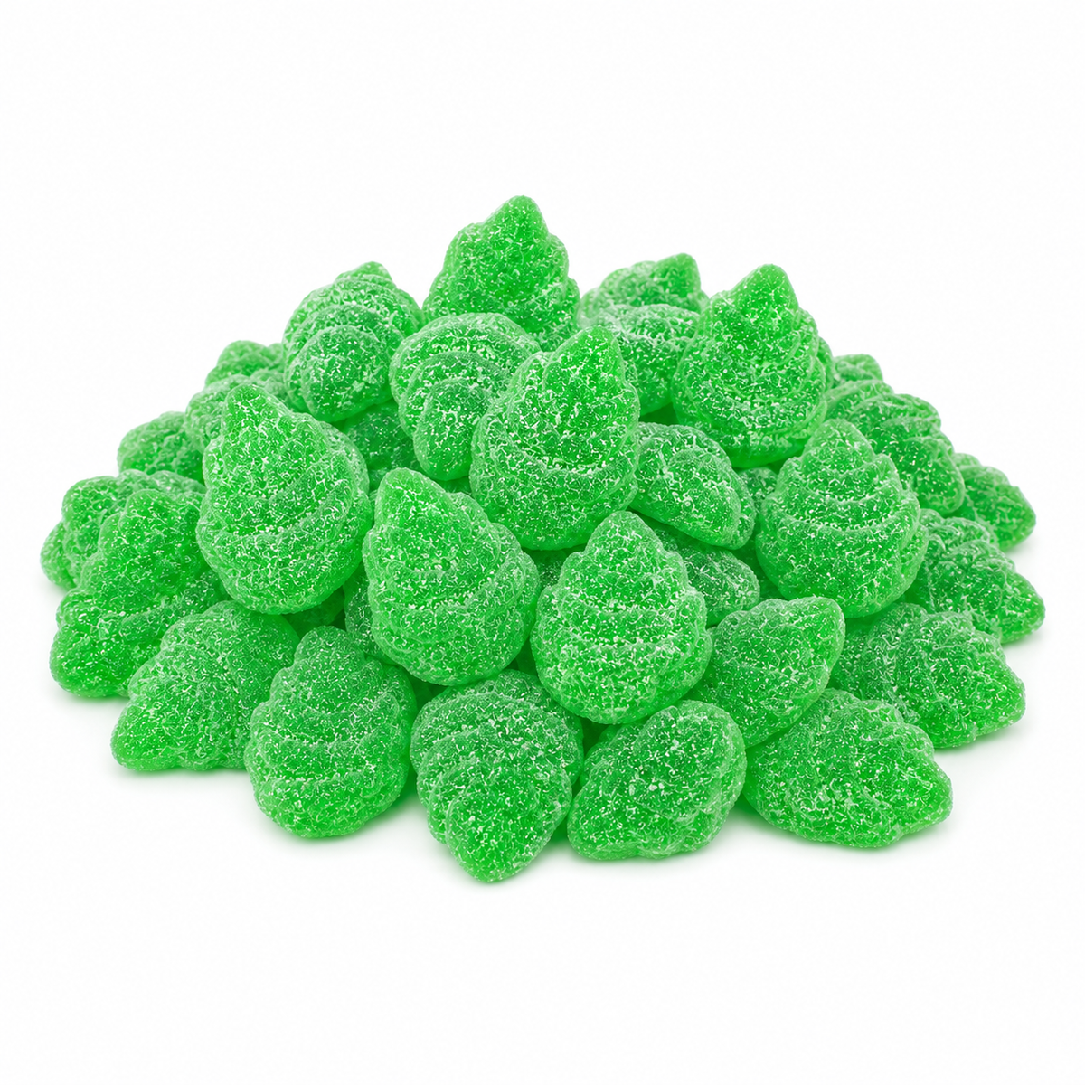 Bright green spearmint leaves jelly candies in a bulk value bag from Candy In Bulk, glossy and textured for a refreshing treat.