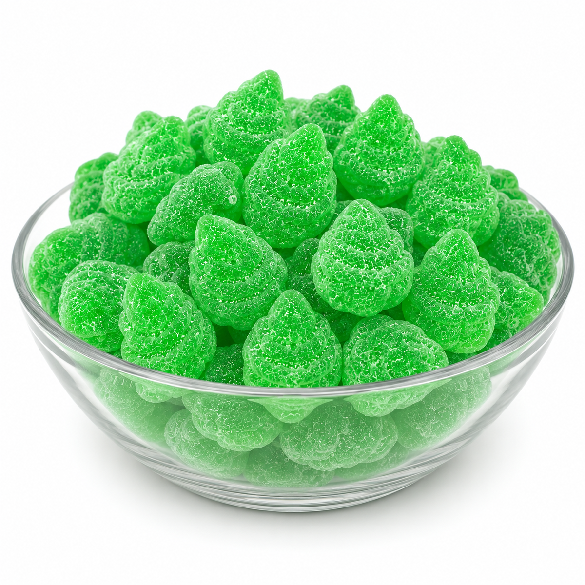 Bright green Sunrise Spearmint Leaves jelly candies in a bulk value bag by Candy In Bulk, showing glossy mint-flavored confections.