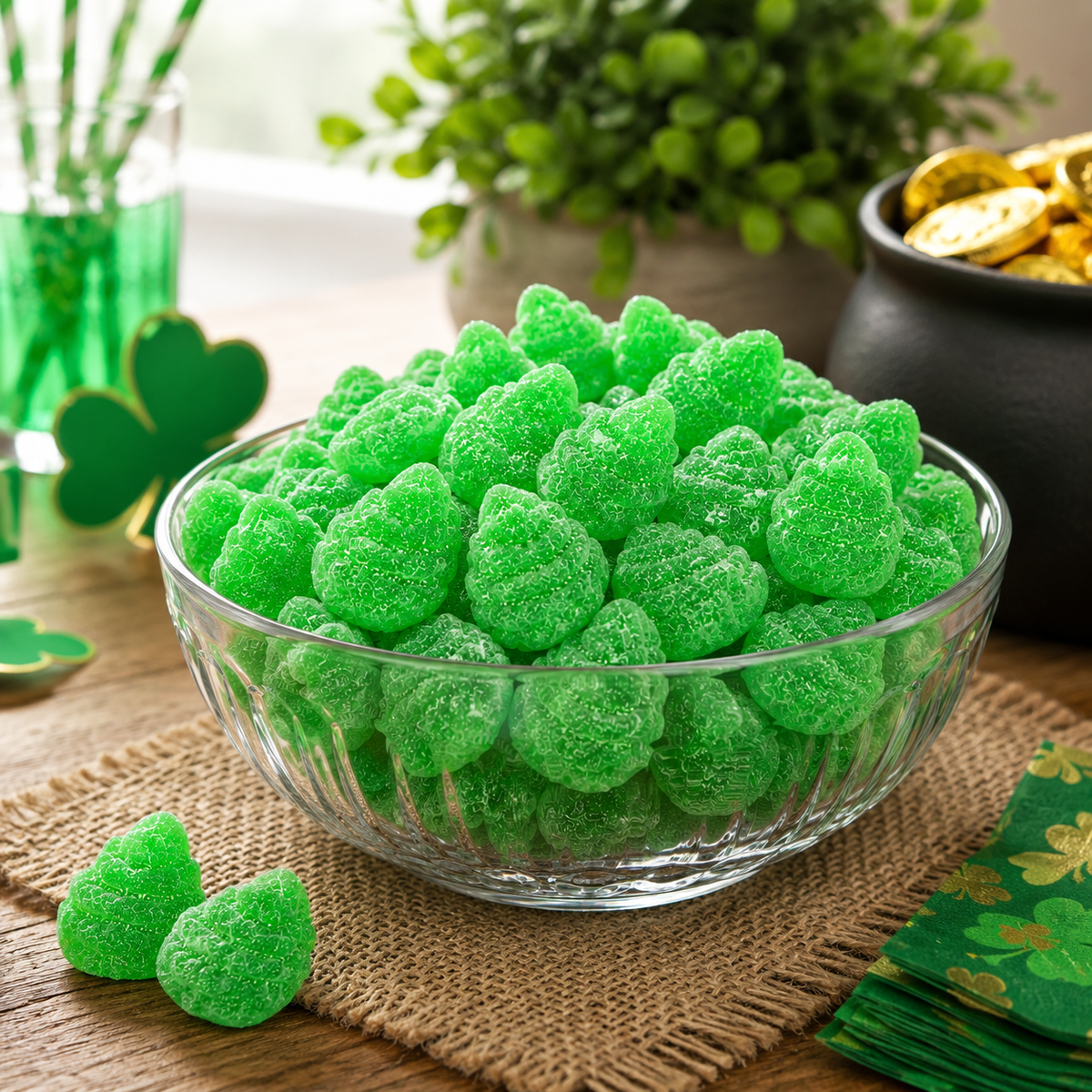 Bright green spearmint leaves jelly candies from Candy In Bulk in a large value bag, showcasing their vibrant color and chewy texture.