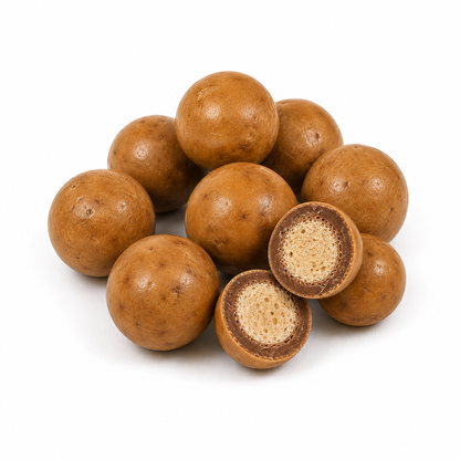 Bulk peanut butter milk chocolate malt balls by Candy In Bulk in a large value bag, showing glossy chocolate coating and chewy malt interior.