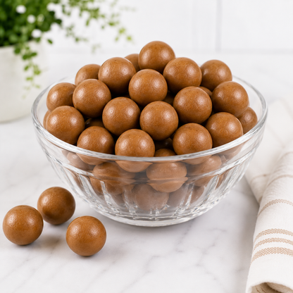 Assorted peanut butter milk chocolate malt balls in a bulk candy bag, showcasing smooth chocolate coating and crunchy malt center.