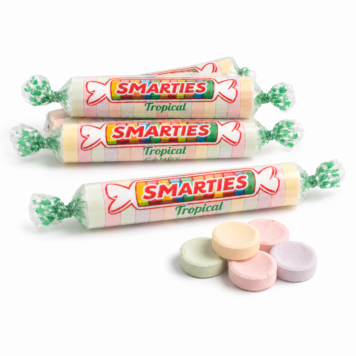 Colorful Smarties Tropical Candy Rolls from Candy In Bulk in a large value bag, featuring bright, fruity-flavored candy rolls.