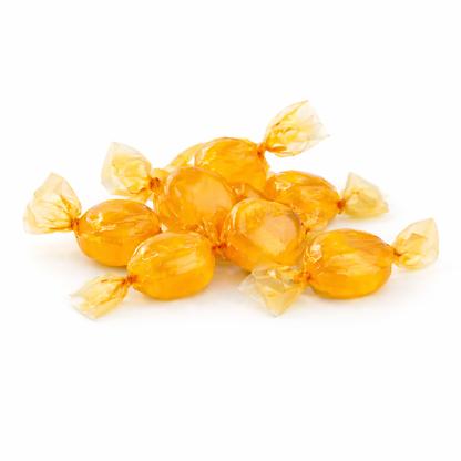 Butterscotch Buttons Hard Candy from Candy In Bulk in a large resealable bag, golden brown, shiny, and individually wrapped.