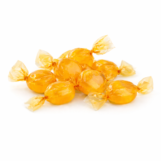 Butterscotch Buttons Hard Candy from Candy In Bulk in a large resealable bag, golden brown, shiny, and individually wrapped.