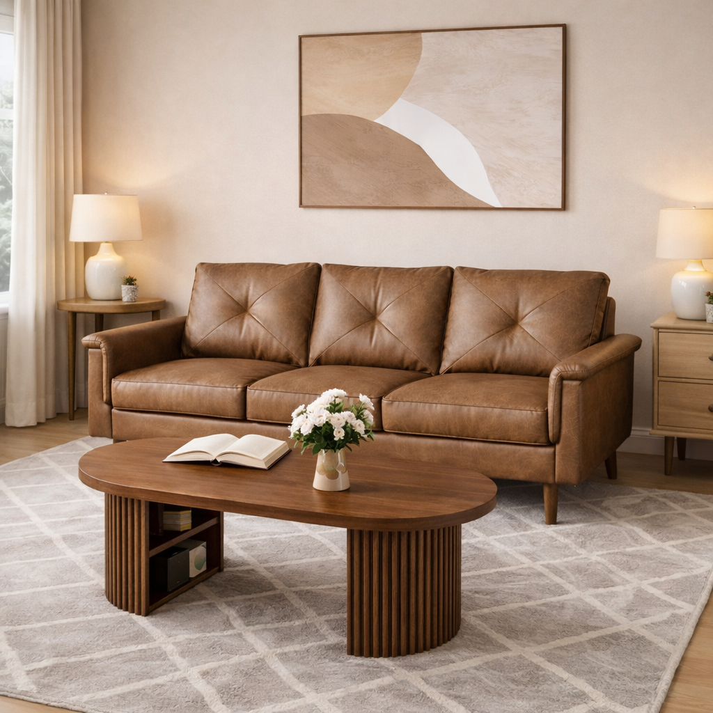 71.6" Mid Century Modern 3 Seat Sofa with 47" Oval Fluted Coffee Table Living Room Set Walnut