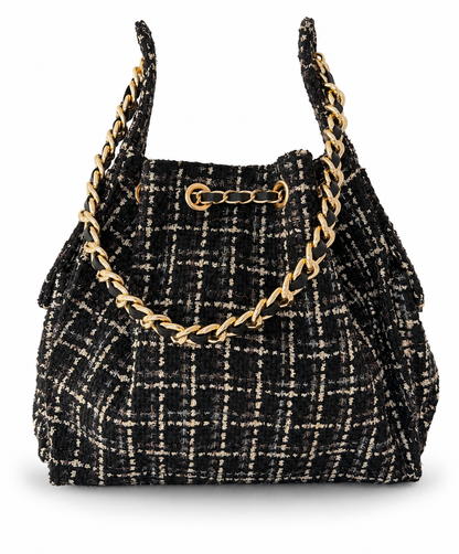 Medium Bayshore Bucket Bag by BEACH HAUS in black tweed with a structured shape and stylish design.