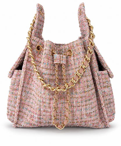 Small Bayshore Bucket Bag by BEACH HAUS in pink confetti tweed with a rounded shape and stylish woven strap.