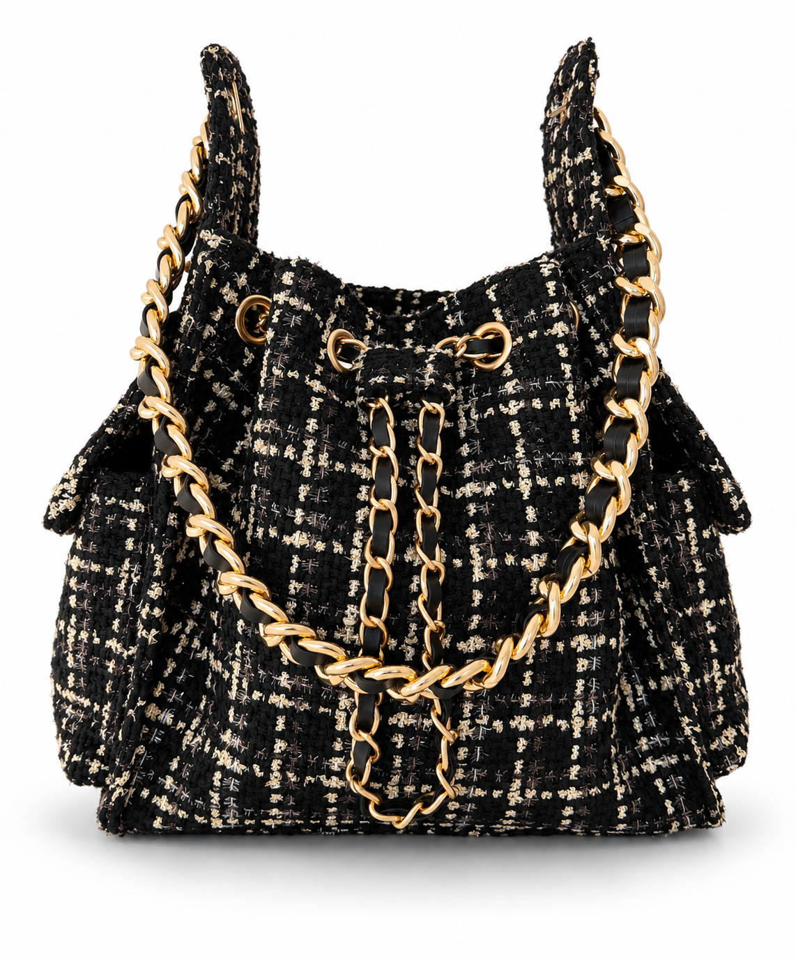 Small Bayshore Bucket Bag by BEACH HAUS in black tweed, featuring a compact design with stylish woven texture.