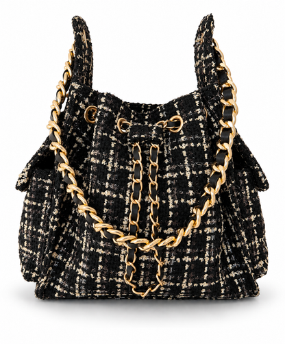 Small Bayshore Bucket Bag by BEACH HAUS in black tweed, featuring a compact design with stylish woven texture.