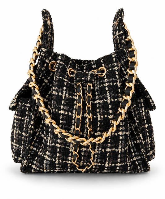 Small Bayshore Bucket Bag by BEACH HAUS in black tweed, featuring a compact design with stylish woven texture.