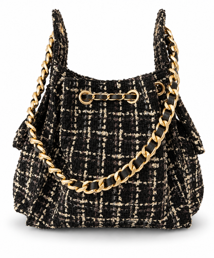 Small Bayshore Bucket Bag by BEACH HAUS in black tweed, featuring a compact, stylish design with woven fabric and top handle.