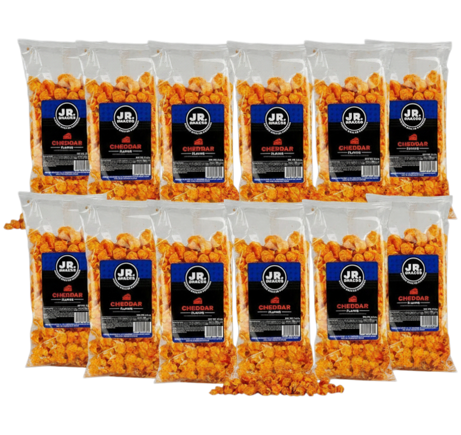 Junior Snacks Co. cheddar snack pack featuring 12 individually wrapped cheddar-flavored snack bags on a plain background.