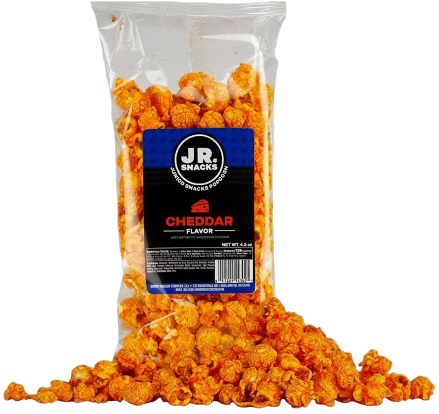 Bag of Junior Snacks Co. Cheddar snacks from Junior Snacks Company, featuring crispy cheddar-flavored snack pieces in a colorful bag.