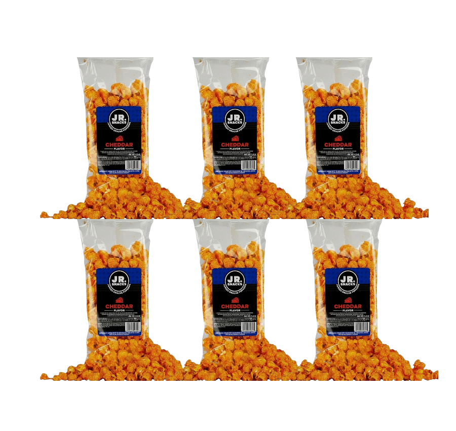 Junior Snacks Co. cheddar cheese snacks in a 6-pack, showing colorful packaging and individual snack portions.