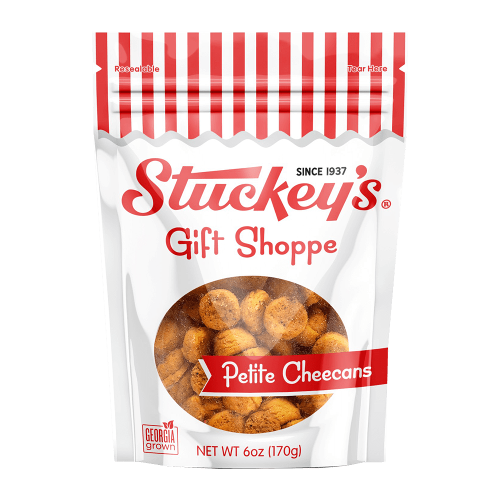 Stuckey’s Petite Cheecans snack gift bag with 6 oz of crispy, cheesy corn snacks in colorful packaging.