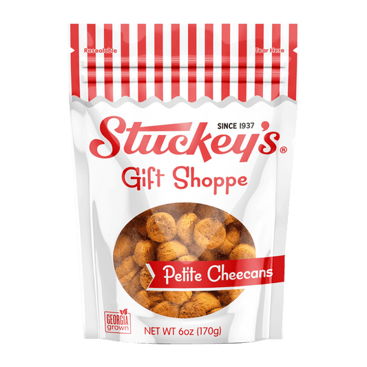 Stuckey’s Petite Cheecans snack gift bag with 6 oz of crispy, cheesy corn snacks in colorful packaging.