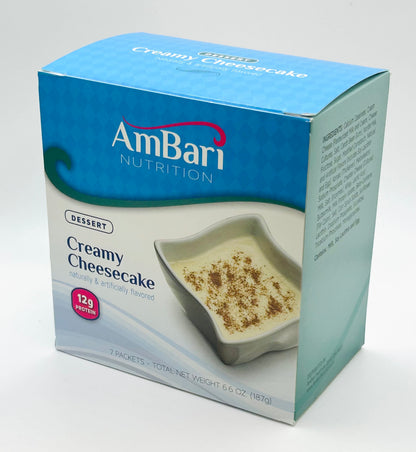 Creamy cheesecake dessert snack by AmBari Nutrition, showing a rich, smooth cheesecake with a graham cracker crust.