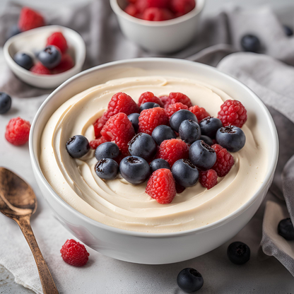 Creamy cheesecake snack by AmBari Nutrition, showing a rich, smooth cheesecake dessert with a golden crust on a plate.