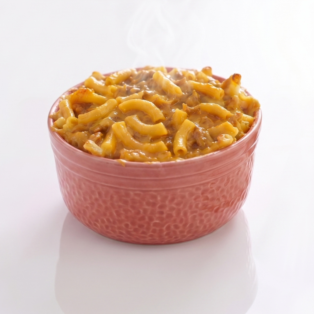 Creamy CheeseSteak Pasta bowl by AmBari Nutrition featuring pasta with cheese and sliced steak pieces.