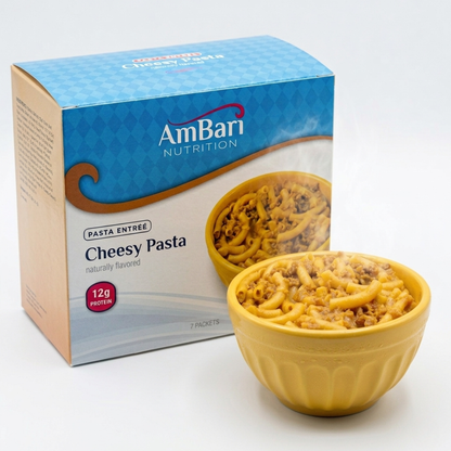 AmBari Nutrition cheesy pasta meal with creamy cheese sauce and pasta on a plate, ideal for nutritious foods.