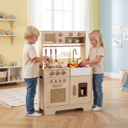 GBruno Store pretend play kitchen for kids with realistic lights, sounds, stove, sink, and oven for imaginative cooking fun