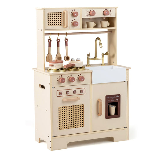 Child playing with GBruno pretend play kitchen featuring realistic lights, sounds, oven, stove, and kitchen accessories.