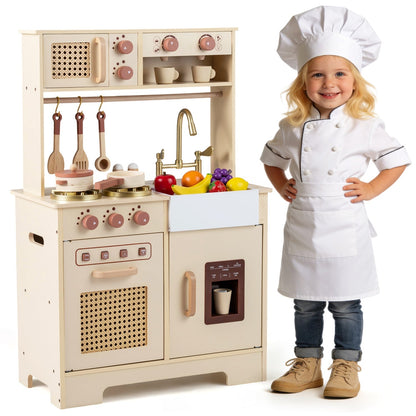 Children's pretend play kitchen by GBruno Store featuring realistic lights, sounds, and chef accessories for imaginative cooking fun.