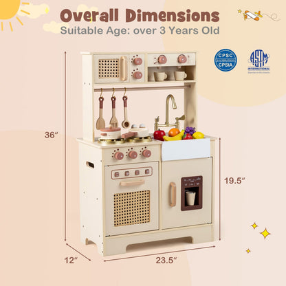 Kids' pretend play kitchen by GBruno Store featuring realistic lights, sounds, stove, oven, and cooking accessories for imaginative fun.