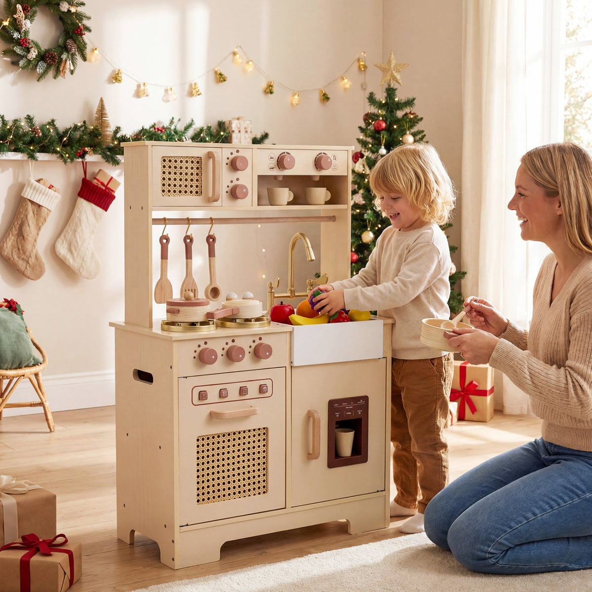 Kids' pretend play kitchen by GBruno with realistic lights, sounds, stove, oven, and utensils for imaginative cooking fun.