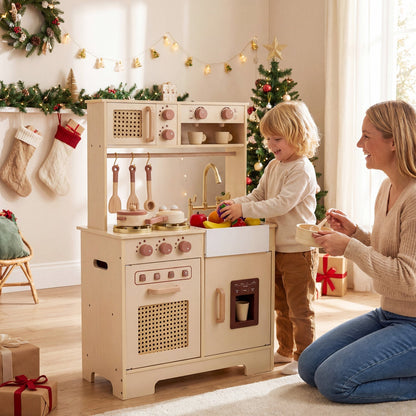 Kids' pretend play kitchen by GBruno with realistic lights, sounds, stove, oven, and utensils for imaginative cooking fun.