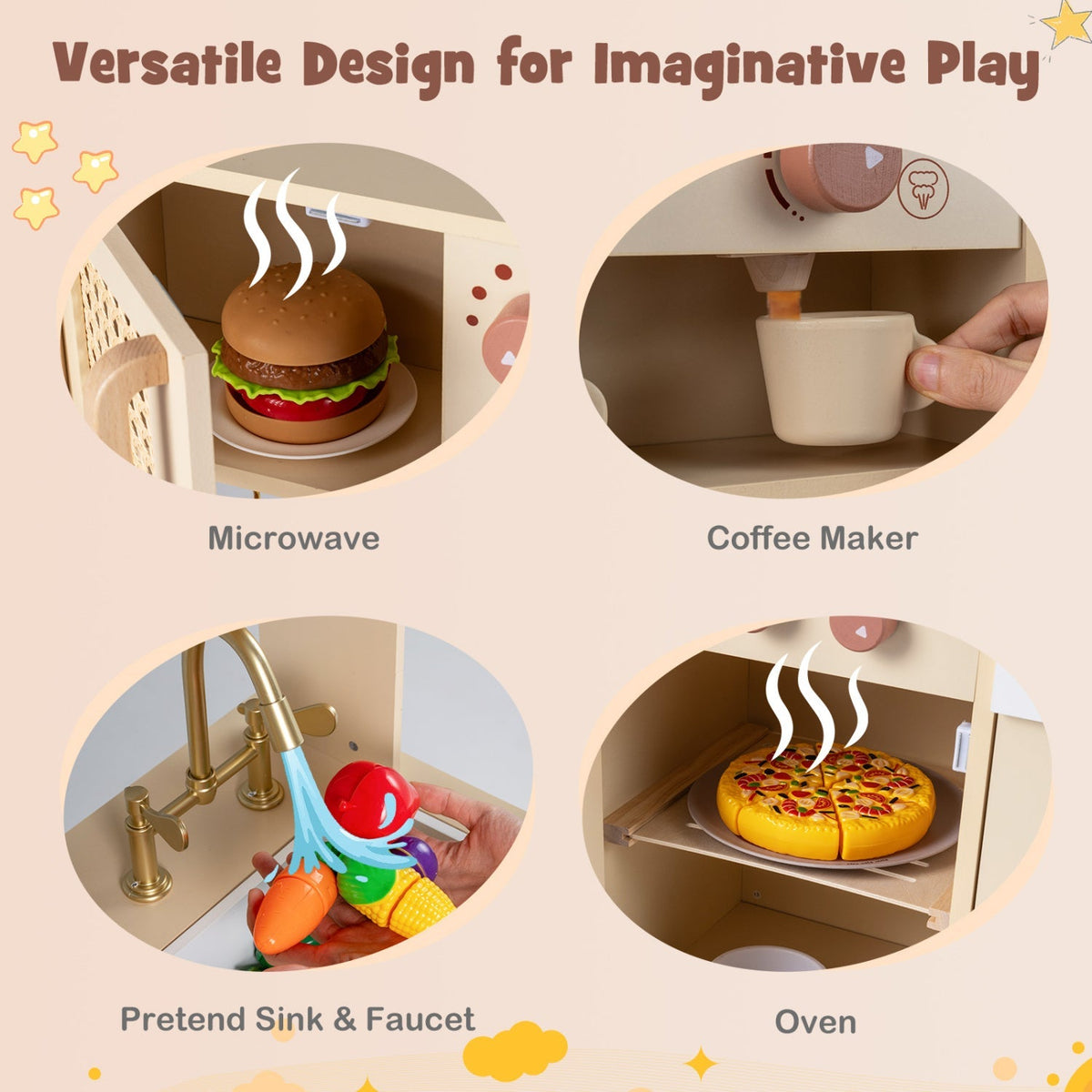 Child playing with GBruno Store chef pretend play kitchen featuring realistic lights, sounds, stove, and utensils for imaginative cooking.