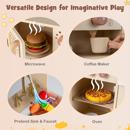 Child playing with GBruno Store chef pretend play kitchen featuring realistic lights, sounds, stove, and utensils for imaginative cooking.