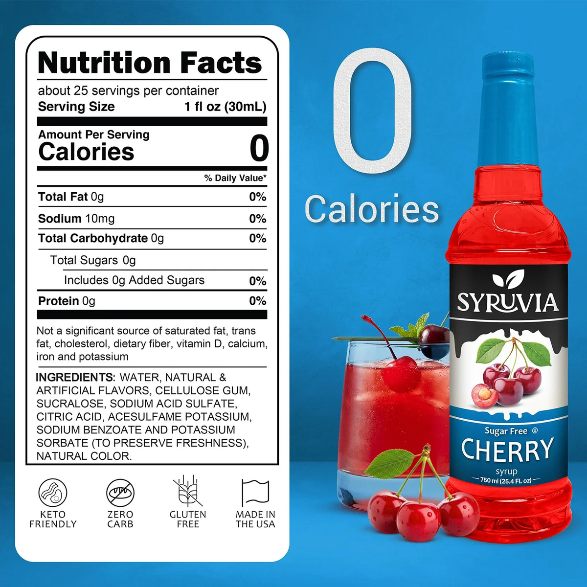 Bottle of Syruvia sugar-free cherry syrup with a red cherry flavor label, showcasing the product's vibrant red color and branding.