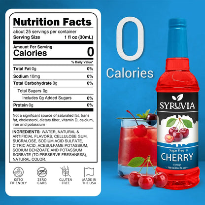 Bottle of Syruvia sugar-free cherry syrup with a red cherry flavor label, showcasing the product's vibrant red color and branding.