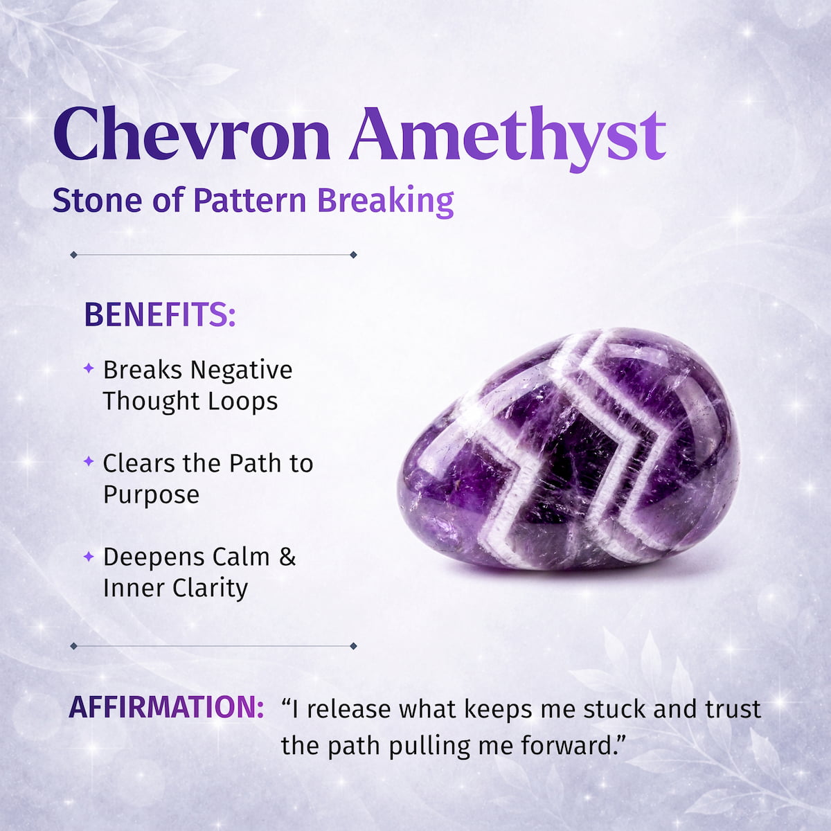 Chevron Amethyst Point of Transformation home decoration by Conscious Items, showcasing a polished purple and white crystal point.