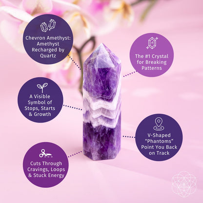 Chevron Amethyst Point of Transformation, a home decoration by Conscious Items, featuring a purple and white chevron-patterned amethyst crystal.