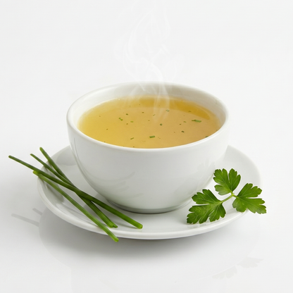 Bowl of chicken bouillon soup by AmBari Nutrition, featuring clear broth with chicken pieces and herbs in a white bowl.
