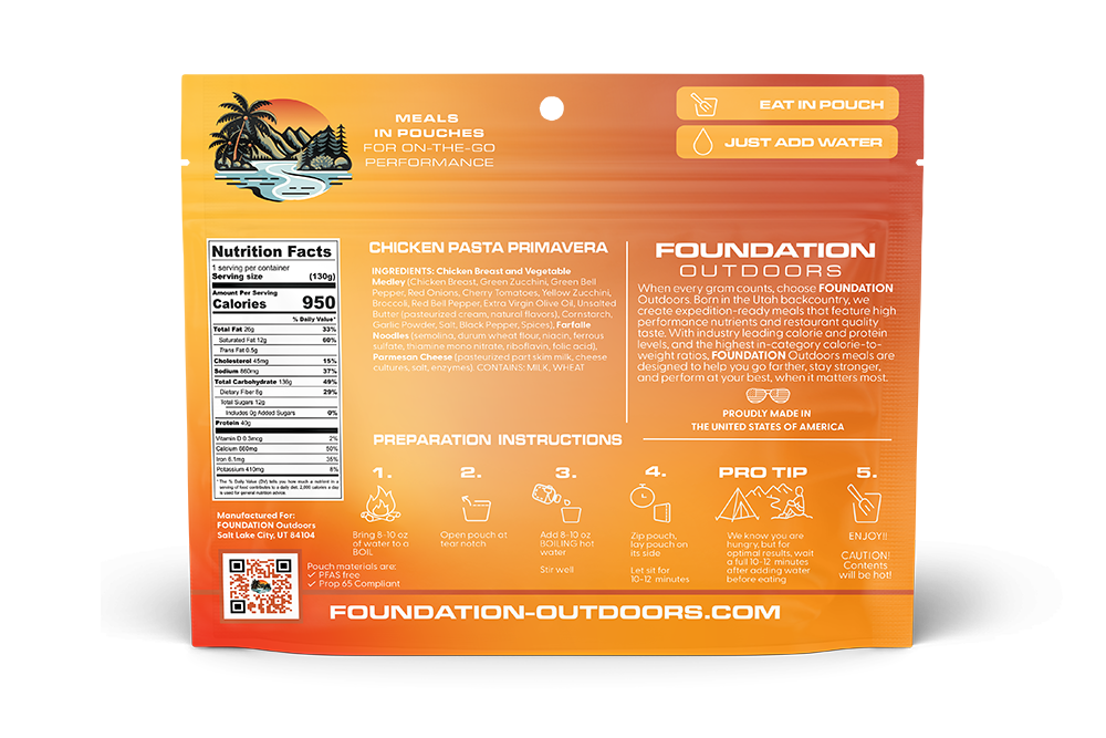 Chicken Pasta Primavera meal pouch by FOUNDATION Outdoors, featuring cooked chicken, pasta, and fresh vegetables on a vibrant pouch back.
