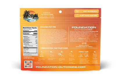 Foundation Outdoors chicken pot pie meal pouch with a serving of cooked chicken pot pie in a ready-to-eat meal pouch.